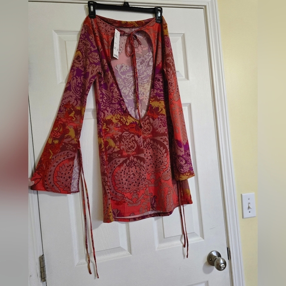 Urban Outfitters Pink Floral Open Back Long Sleeve Mini Dress Boho Barbie - Picture 7 of 9